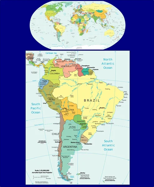 Politické rozdělení světa Jižní Ameriky — Stockový vektor