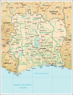 Ivory Coast physiography map clipart