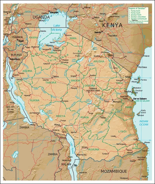 Physiographische Karte von Tansani — Stockvektor