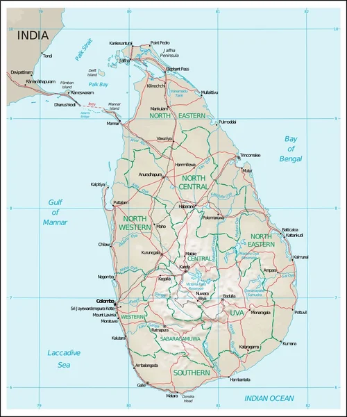 Mapa fisiográfico de Sri L — Vetor de Stock