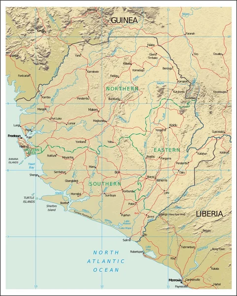 Mapa fisiográfico de Serra Leoa — Vetor de Stock