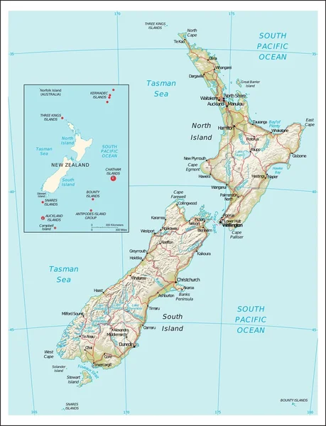 Mapa fisiográfico da Nova Zelândia — Vetor de Stock