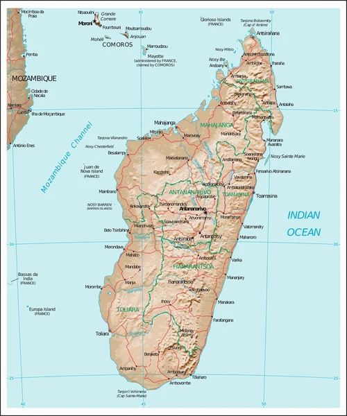 Mapa da fisiografia de Madagasca — Vetor de Stock