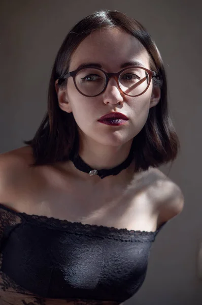 Portrait Woman Glasses Natural Lighting Stock Photo