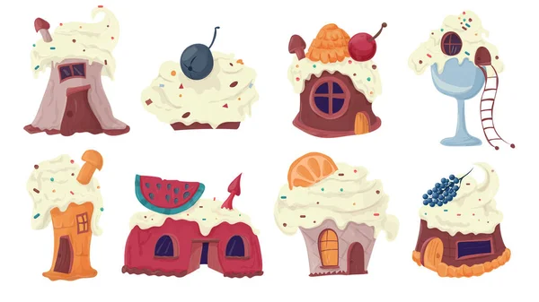 Set Pasteles Cupcakes Forma Casas Ilustración Vectorial Plana Para Diseño — Archivo Imágenes Vectoriales