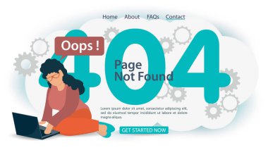 oops 404 hatası, sayfa bulunamadı, pankart internet bağlantısı sorunları, dizüstü bilgisayarı olan kız web siteleri ve mobil uygulamalar için bağlanamıyor, düz vektör illüstrasyonu