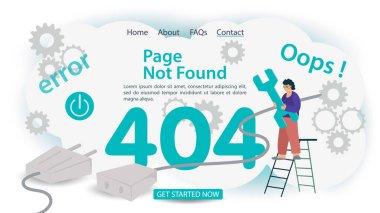 oops 404 hatası, sayfa bulunamadı, pankart internet bağlantısı sorunları, merdiven tamir aracı olan adam, web siteleri ve mobil uygulamalar için, düz vektör illüstrasyonu