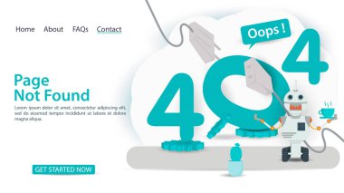 oops, 404 hata, sayfa bulunamadı, internet bağlantısı sorunu olan pankart, içkili robotlara yakın rakamlar, web siteleri ve mobil uygulamalar için, düz vektör illüstrasyonu