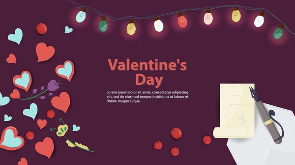 Happy Valentines Day Flat Illustration Banner Holiday Design Purple Background — Stock Vector