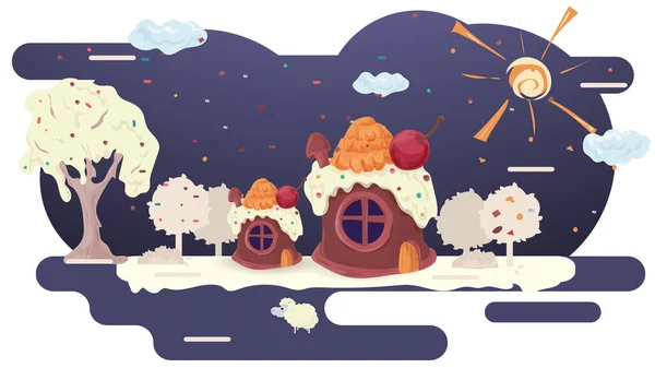 Maisons Cuisson Cupcakes Avec Des Cerises Sur Toit Crème Sur — Image vectorielle