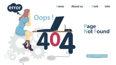 Banner, oops 404 hatası, sayfa bulunamadı, sayılar üzerinde duran dizüstü bilgisayarın önünde oturan bir kadın, web sitelerinin ve mobil uygulamaların tasarımı için, düz vektör çizimi