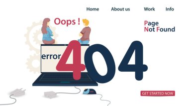 Banner, oops 404 hatası, sayfa bulunamadı, erkek ve kadın dizüstü bilgisayarda oturuyor, numaralara geri dönüyor, web sitesi ve mobil uygulama tasarımı için, düz vektör çizimi