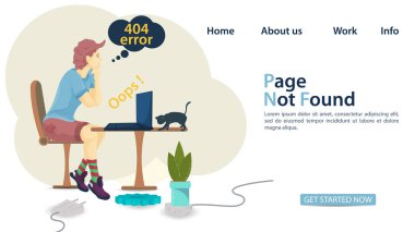 Banner, oops 404 hata sayfası bulunamadı, masadaki dizüstü bilgisayarın önünde oturan adam, web siteleri ve mobil uygulamalar için, düz vektör çizimi