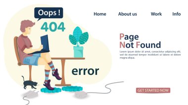 Pankart, oops, 404 hatası, sayfa bulunamadı, adam dizüstü bilgisayarlı sandalyede oturuyor, web siteleri ve mobil uygulamalar için, düz vektör illüstrasyonu