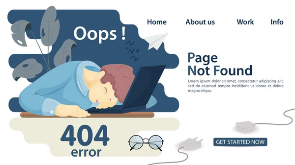 Banner Oops 404 Error Page Found Man Man Fell Asleep — Stock Vector