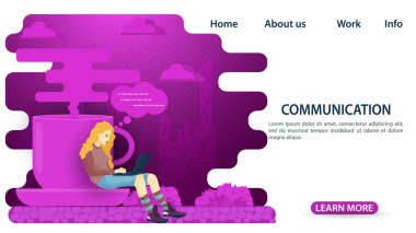 Parkta bir kız büyük bir bardak içkinin yanında oturuyor ve bir sohbet sırasında bilgisayarda iletişim kuruyor, bir web sitesi ya da mobil uygulamaların tasarımı için, Düz Vektör Illustration