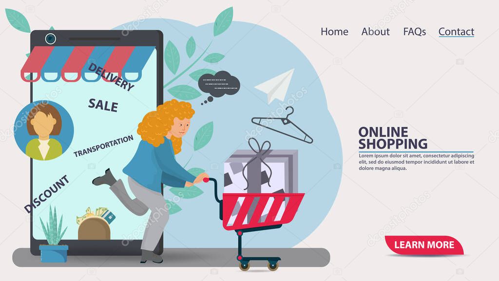 flat vector illustration for design design, web page and mobile applications, banner, girl with shopping cart on the background of a smartphone made a purchase on the site in an online store