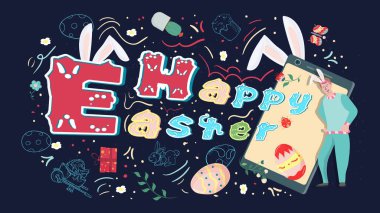 Üzerinde güzel bir yazı olan mutlu Paskalya posterleri, telefonun yanında duran bir adam, bu illüstrasyon tatil tasarımı ya da basılı düz vektör için kullanılabilir.