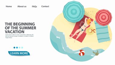 İnternet sitelerinin ve mobil uygulamaların reklam sitelerinin tasarımı için pankart, yaz tatili seyahat ve tatil temasında, insanlar şemsiyelerin altında deniz sahillerinde uzanır