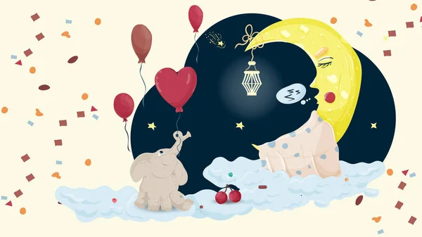 在童年时代的平面卡通画风格中 儿童卧室的设计装饰 月亮睡在云彩上 旁边坐着可爱的大象和气球 — 图库矢量图片