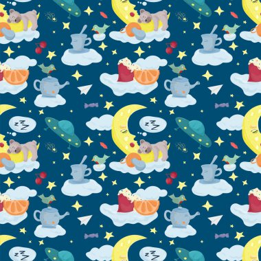 Çocukların yatak odası tasarımı için kusursuz desenli çizgi film. Küçük ayı UFO bardakları ve emzik arka planındaki bulutlarda uyur.