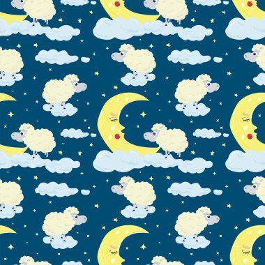 Çocukların yatak odası tasarımı için çocuk çizgi film tarzında kusursuz desenler, Uyuyan Ay 'ın yanındaki bulutlarda koyunlar.