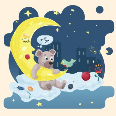 Çocukların yatak odası dekorasyonu için çocuk çizgi film stili resimli çıkartma. Küçük ayı, yıldızlı gökyüzünün ve şehrin arka planında bir bulutun üzerinde oturarak ayı kolunun altında tutuyor.