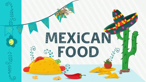Meksykańska Ilustracja Żywności Płaskiej Konstrukcji Nazwa Literowa Kaktusy Sombrero Taco — Wektor stockowy
