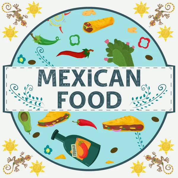 Banner Etiqueta Redonda Ilustración Diseño Plano Sobre Tema Comida Mexicana — Archivo Imágenes Vectoriales