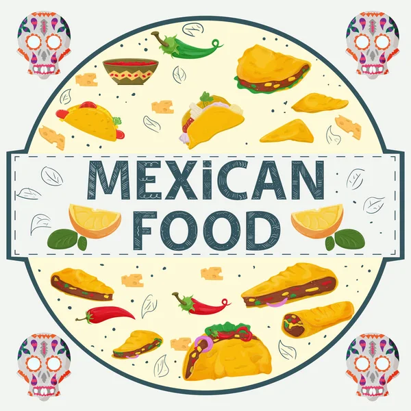 Etiqueta Bandera Ilustración Redonda Diseño Plano Sobre Tema Comida Mexicana — Archivo Imágenes Vectoriales