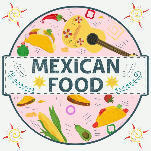 Banner Etiqueta Redonda Ilustración Diseño Plano Sobre Tema Comida Mexicana — Archivo Imágenes Vectoriales