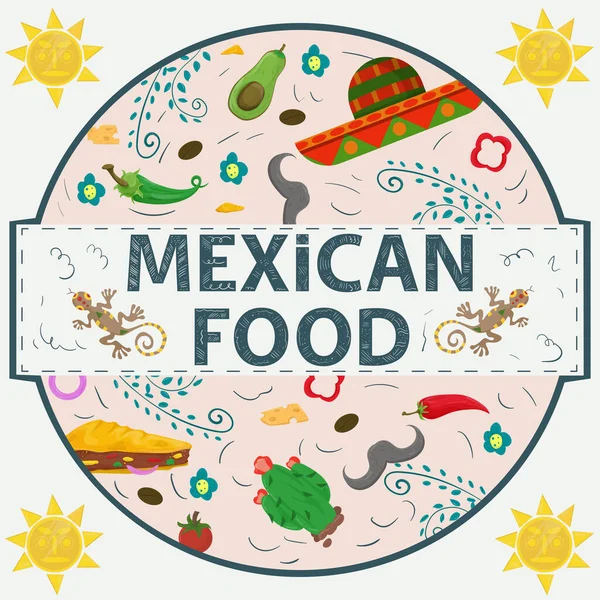 Banner Etiqueta Redonda Ilustración Diseño Plano Sobre Tema Comida Mexicana — Vector de stock