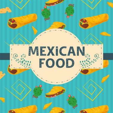 Kare Banner etiketi Meksika yemeği teması üzerine kurulu, arka planda büyük bir yazı adı, dikey olarak düzenlenmiş tortilla cheetos ve burrito