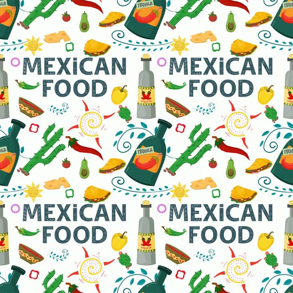 Pola Tak Berujung Datar Pada Tema Makanan Meksiko Minuman Tequila - Stok Vektor