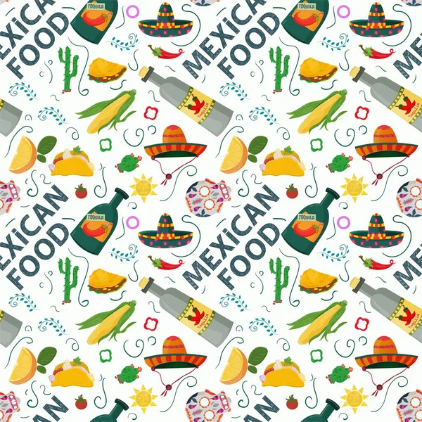 Flat Endless Seamless Pattern Theme Mexican Food Painted Sombrero Skulls — Stock Vector