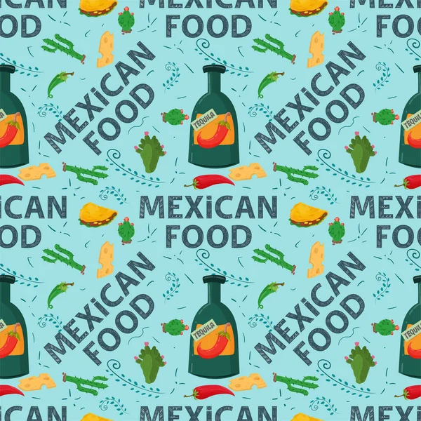 Pola Tak Berujung Datar Pada Tema Makanan Meksiko Botol Minuman - Stok Vektor