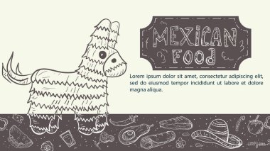 Meksika yemeği teması üzerine el çizimi çizimi tasarım, bir pinata atı acı biberli tortilla taco ve burrito arasında duruyor.