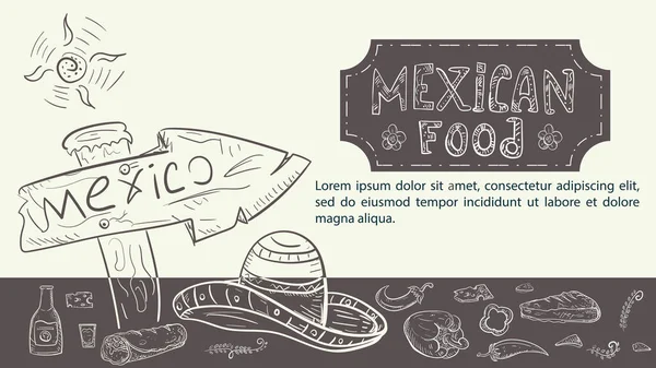 Illustration Skitse Tegnet Hånden Design Temaet Mexicansk Mad Vejskilt Hat – Stock-vektor