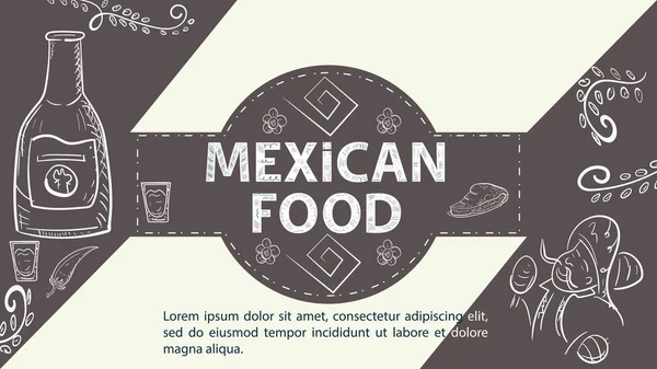 Ilustracja Szkic Dla Projektu Centrum Okręgu Jest Napis Meksykańskie Jedzenie — Wektor stockowy