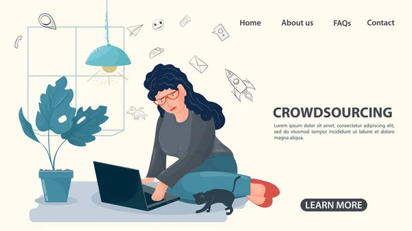Una Chica Está Sentada Suelo Con Portátil Concepto Crowdsourcing Una — Vector de stock