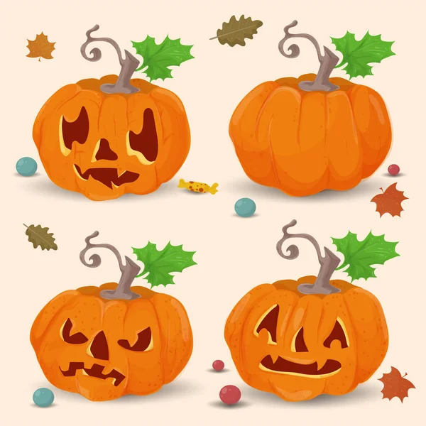 Conjunto Cuatro Calabazas Una Ilustración Plana Para Las Vacaciones Halloween — Vector de stock