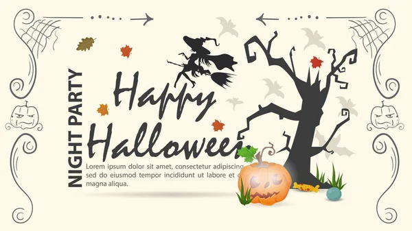 Dynia Leży Przy Strasznym Drzewie Dla Halloween Wakacje Płaska Ilustracja — Wektor stockowy