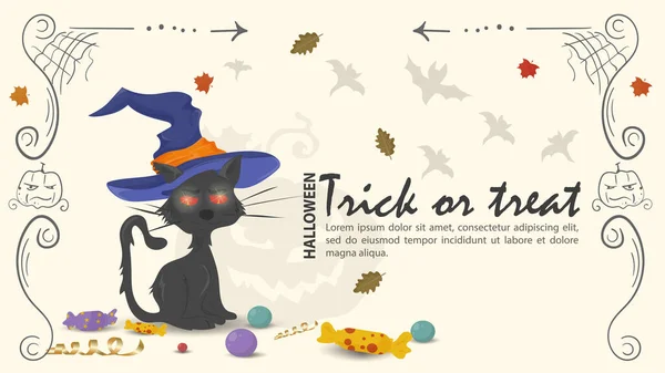 Czarny Kot Kapeluszu Czarownicy Halloween Płaska Ilustracja — Wektor stockowy