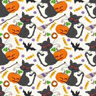 Cadılar Bayramı partisi için kusursuz desen, balkabağının yanında kızgın kedi, tasarım dekorasyonu için düz çizim