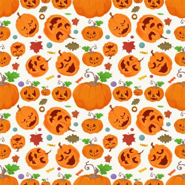 Cadılar Bayramı partisi için kusursuz desenler, bir sürü turuncu balkabağı, tasarım dekorasyonu için düz çizimler.