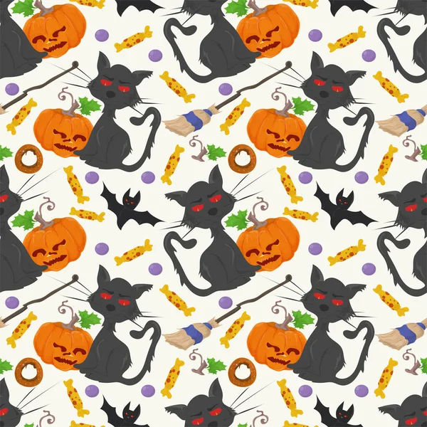 Nahtloses Muster Für Die Halloween Party Wütende Katze Neben Einem — Stockvektor