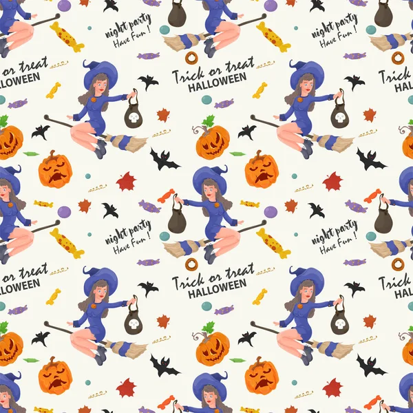 Motif Sans Couture Pour Fête Halloween Sorcière Sur Balai Avec — Image vectorielle