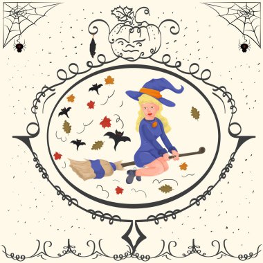 Klasik çerçeve, süpürgede uçan cadı, Cadılar Bayramı tasarımı düz çizim.
