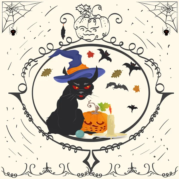 Cadre Vintage Chat Colère Bougie Illustration Plate Conception Vacances Halloween — Image vectorielle