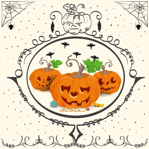 Vintage Frame Drie Pompoenen Halloween Vakantie Ontwerp Platte Illustratie — Stockvector